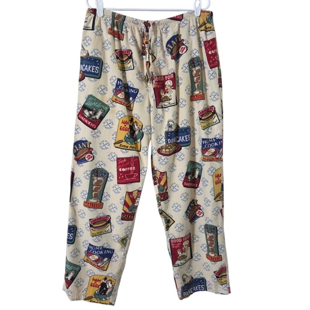 Nick & Nora Pajama Pants Womens Large Breakfast Diner Novelty Flannel Cotton